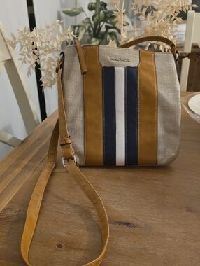 Nautica Tan & Navy Canvas Shoulder Bag with White Stripe